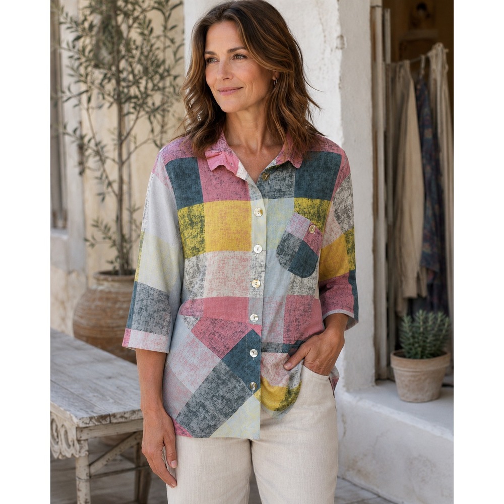 John Mark Patchwork Plaid Button Front Tunic Top 100% Cotton Multi Women's Small